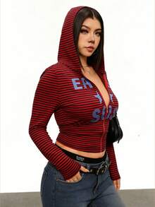INAWLY Plus Size Women Striped Letter Print Zip-Up Casual Versatile Daily Wear Long Sleeve Sweatshirt - Red - View 5