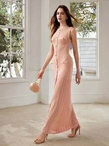 MOTF PREMIUM WOMEN'S SLEEVELESS ROUND NECK MID-LENGTH KNIT DRESS, CASUAL & DATE WEAR, SPRING/SUMMER - Pink - View 1