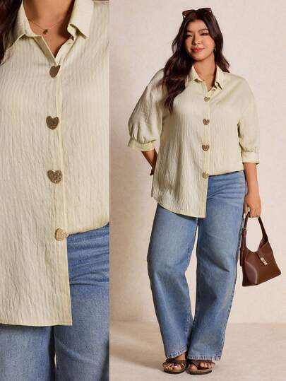 Elaquor Plus Size Women Summer Casual Vacation Everyday Commute Solid Textured Fabric Bubble Short Sleeve Shirt Spring/Summer Casual Vacation Blouse For Women, Summer Tops