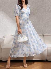 Rafferiza 女士夏季法式休闲优雅蓝色雪纺印花V领泡泡袖收腰显瘦长款休闲度假连衣裙 - 淺藍色 - 查看 4