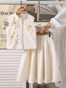 少女花卉贴花背心和A字裙套装 - 杏色 - 查看 4