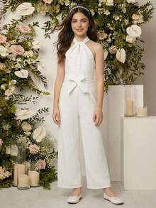 SHEIN 少女春夏休闲优雅修身扭结串珠腰连体裤，白色 - 白色 - 查看 4