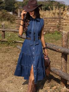Breezaya 女士度假荷叶边牛仔连衣裙 - 深色水洗藍 - 查看 1