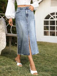 Breezaya 女士夏季度假开衩牛仔迷你裙 - 淺色水洗藍 - 查看 3