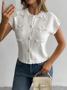 SHEIN Bow Detail Slouchy Shoulder Knit Cardigan Vest / Sleeveless Sweater - Apricot - View 6