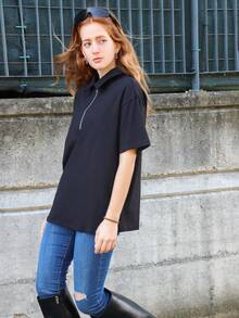 SILVIA DI SANTO 女士休闲商务部分纽扣前开襟polo领宽松短袖T恤老款，商务休闲女装，教师装 - 黑色 - 查看 1