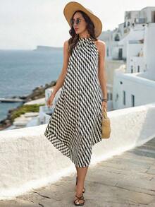 Balvessa 女士夏季立领露背度假波浪不对称下摆无袖长裙 - 杏色 - 查看 3