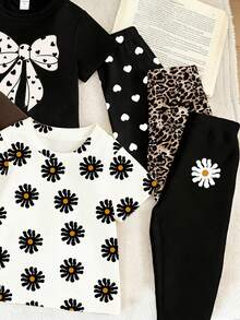 2pcs/Set Girls' Casual Chic Bowknot Leopard Print Pattern T-Shirt And Leggings Outfit, Comfortable Daily Wear For Spring, Summer And Autumn - Multicolor - View 4