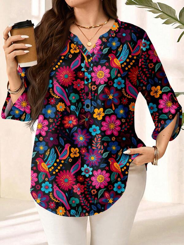 EMERY ROSE 色彩鲜艳的复古花卉印花大码衬衫，适合度假穿着