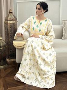 Yasmyna 女士优雅蝴蝶花卉印花喇叭袖阿拉伯风格连衣裙 - 黃色 - 查看 1