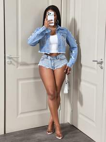 BamGleam 女士时尚休闲牛仔夹克和外套 - 藍色 - 查看 5