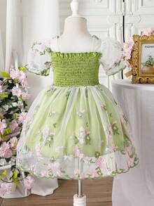 SHEIN Glamorique Kids Baby Girl Green Summer Elegant Princess Floral Mesh Puff Sleeve Dress For Toddlers Flower Girl Party Flower Embroidery Dress - Olive Green - View 2