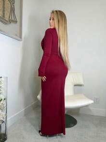 Cioccolato Apricot Long Sleeve Knitted Ruched Waist Twist Hem Straight Dress, Elegant Dress, Date Dress, Bridesmaid Dress, Birthday Party Dress, Apricot Color Dress, Autumn/Winter Layering Dress,Red Dresses For Women,Women Elegant Dress Marroon Dress - Burgundy - View 2
