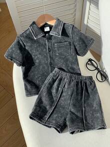 SHEIN 2件套男女宝宝休闲时尚扎染雪花黑色短袖针织衫短裤套装，男宝宝套装，短袖上衣 - 黑色 - 查看 7