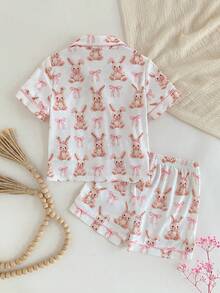 Loomiva Toddler Girls' Cartoon Rabbit Pattern Silk Pajamas,White And Pink Summer Cute Night Soft Short Sleeve Cardigan And Elastic Waist Shorts 2 Pieces Set - Baby Pink - View 2
