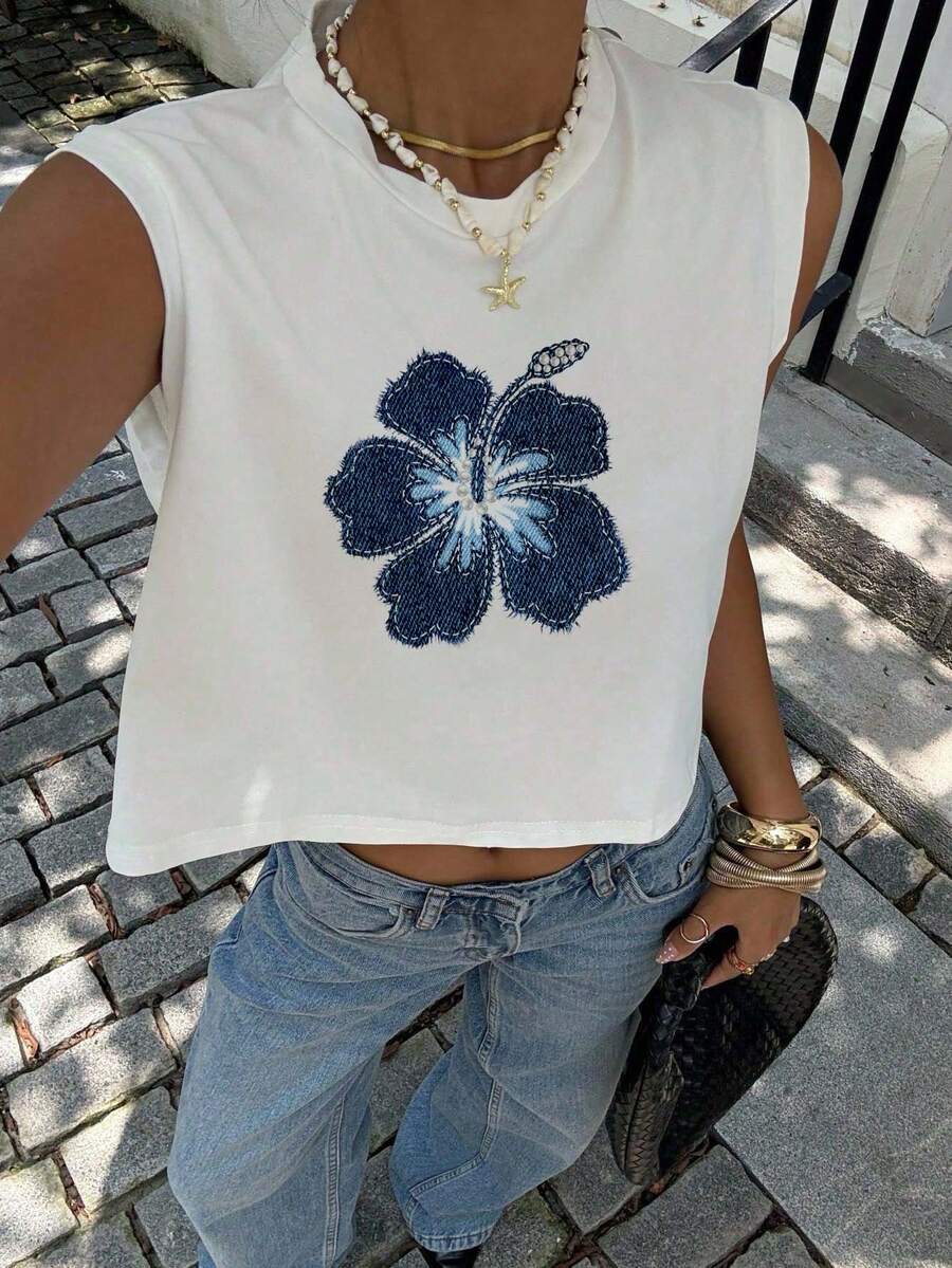 Siren Gaze Áo tank top nữ cổ tròn không tay in họa tiết hoa dâm bụt, thích hợp cho mùa hè, hoạt động ngoài trời, đi biển, lễ hội âm nhạc, mặc ở nhà, phong cách thanh lịch. - trắng - Xem 1