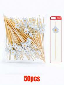 50/100Pcs Bamboo Pick Sweet Daisy Theme Flower Fruit Fork, Party Dessert Salad Stick Cocktail Skewer, Wooden Picks Wedding Birthday Party Supplies - Multicolor - View 28