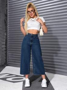 Rivivi Quần jeans nữ cạp cao, ống rộng, dáng suông, thoải mái - Rửa tối - Xem 5