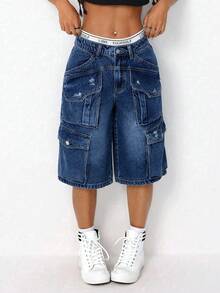 SHEIN ICON Quần short denim nữ dáng rộng, thoải mái với nhiều túi tiện dụng. - Rửa tối - Xem 4