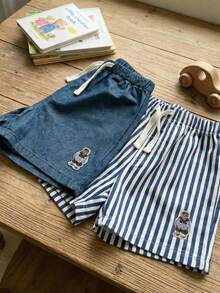 Cozy Pixies 2pcs Young Boy Cartoon Bear Print Striped Elastic Waist Shorts Set - Multicolor - View 7