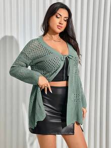 EURMUSE Plus Size Solid Color Long Sleeve V-Neck Tie Crochet Knit Cardigan - Mint Green - View 3