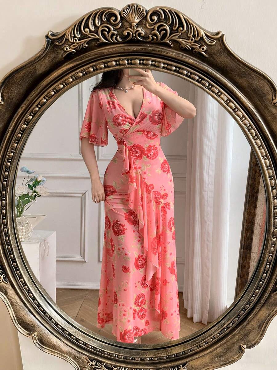 Celisse 女士V领印花弹力腰荷叶边下摆修身优雅连衣裙 - 粉色 - 查看 1