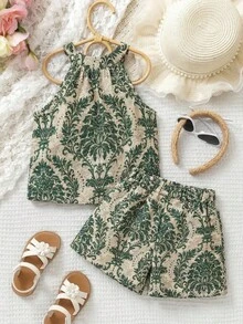 SHEIN 女宝宝可爱碎花度假套装：背心和裤子套装，两件套夏季服装 - 彩色 - 查看 2