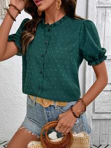 SHEIN LUNE Women's Casual Cutout Petal Sleeve Collared Blouse For Summer - Dark Green - View 1