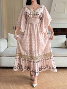DAZY Vestido midi de mujer con parches florales fruncidos, mangas con flecos y volantes, vestido de verano bohemio de primavera/verano - Rosa - Ver 3