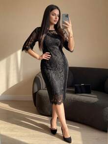 Auveirra 大码春夏秋冬优雅派对黑色蕾丝连衣裙小黑裙 - 黑色 - 查看 3
