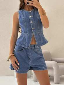 TRNVIE Women's Casual Loose Fit Denim Shorts With Pockets - Medium Wash - View 4