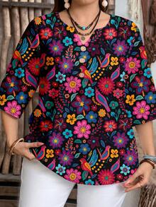 EMERY ROSE Camisa holgada de estampado floral, adecuada para vacaciones de verano, talla grande - Multicolor - Ver 6