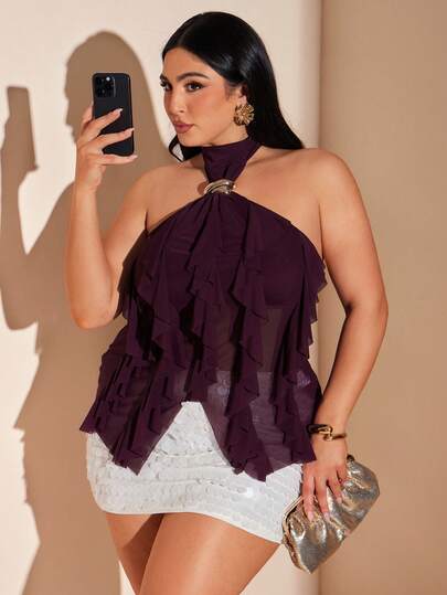 SHEIN BAE Plus Size Women's Wine Red Flounce Halter Neck Long Blouse