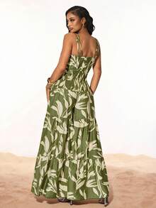 Radiana Women's Fashionable Casual Sexy Vacation Tie-Knot And Drawstring Design All-Over Print Wide Leg Jumpsuit, Spring/Summer Olive Green - Green - View 6