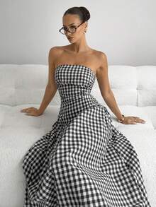 Siren Gaze Damklänning med rutig midja och elegant lång passform, lämplig för fester och evenemang på sommaren - Brun - Visa 3