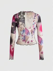 ROMWE Kawaii 女士可爱小猫抽象印花薄纱长袖上衣 - 彩色 - 查看 5