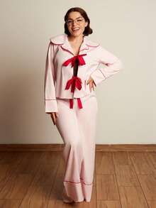 Lupita Cardoza Women's Autumn/Winter New Christmas & Valentine's Day Casual Home Daily Front Bowknot Collar Contrast Trim Pink Shirt And Loose Pink Pants 2-Piece Pajama Set - Pink - View 2
