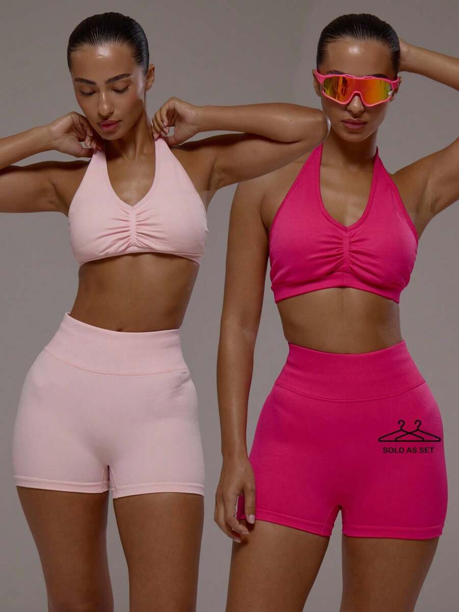 Musera Sport 褶皱细节露背运动文胸和提臀短裤两件套，适合运动健身、健身房、普拉提、日常休闲运动，清凉透气，适合夏季运动。 - 彩色 - 查看 1