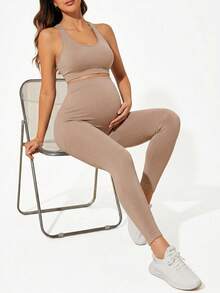 SHEIN Quần legging bầu cạp cao, màu trơn, dáng ôm. - Màu be - Xem 4