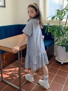 Dazy Kids 少女夏季休闲荷叶边连衣裙 - 灰色 - 查看 2