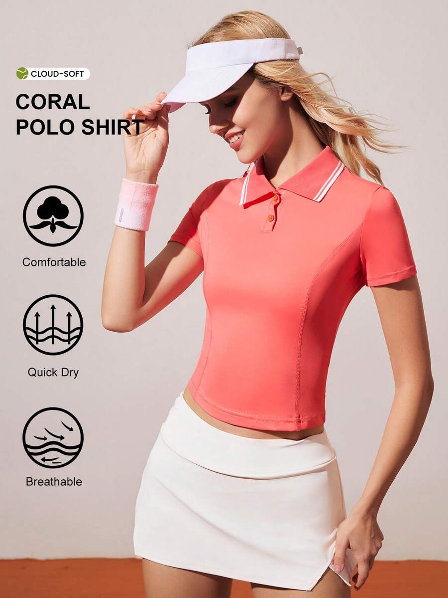 Gameset SHEIN Sport Women's Contrast Collar Short Sleeve Casual Sports Polo Shirt - Orange - View 1