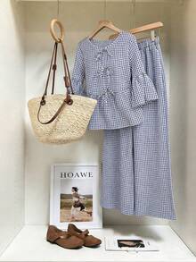 Lacomfia Random Floral Plaid Bow Decor 3/4 Sleeve Elegant Fashionable Blouse Paired With Straight Leg Pants, Slim Fit Sexy Plus Size Women 2 Piece Set - Blue and White - View 3