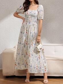 Rafferiza 女士优雅休闲宫廷风简约方领花瓣袖露背收腰飘逸印花长裙，夏季 - 杏色 - 查看 5