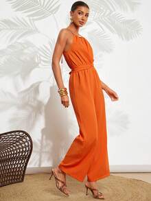 Gownix Damen eleganter orangefarbener Romper mit Holzperlen-Knopfverzierung, strukturierter Streifenoptik, Überschneidung und Bindegürtel, gerade Beinform, geeignet für Urlaub, Pendeln, Dates, Ausflüge, vielseitig tragbar, Boho-Romper für Damen, orangefarbener Romper für Damen, rückenfreier Romper orange, Damen-Romper orange, Damen-Romper mit Trägerhals, orangefarbener Urlaubsoutfit, Urlaubsoutfits für Damen, Romper für Urlaub, Strandoutfits für Damen, Strandanzug für Damen, Urlaubsoutfit für Damen, ärmelloser Romper für Damen, Damen-Romper - Orange - Übersicht 6