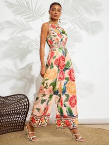 Amorya 女士优雅露背连体裤，宽松撞色印花度假连体裤，沙滩连体裤，优雅鸟类印花连体裤，度假装连体裤，长款碎花连体裤，春夏女装，复活节，优雅派对装，沙滩装，母亲毕业礼服，毕业礼服，伴娘礼服，婚礼宾客礼服，婚礼，女士度假装，夏季假日装，女士正式服装，Y2K风格，女士办公室装，碎花连体裤，女士夏季连衣裙 - 彩色 - 查看 7