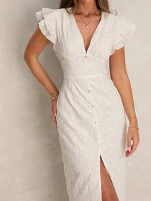 Enchnt Đầm Jacquard thanh lịch dành cho nữ với tay áo phồng và thiết kế cài nút. - trắng - Xem 2