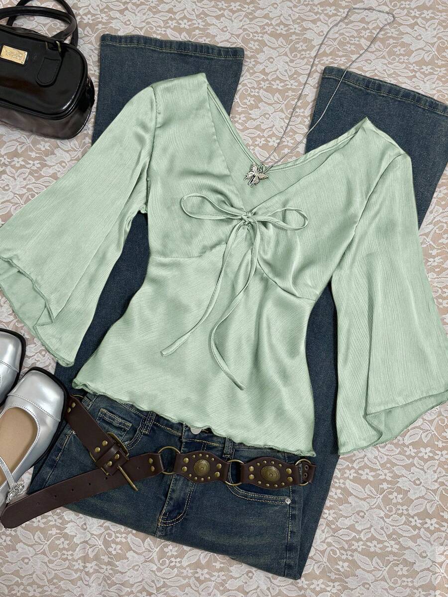 INAWLY 女士休闲纯色系带袖口喇叭袖衬衫 - 薄荷綠 - 查看 1