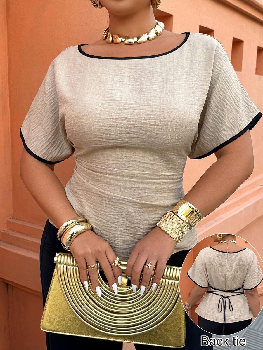 Breezaya Plus Size Women Spring/Summer Wide Collar Ruffle Sleeve Contrast Color Cinched Waist Casual Vacation Shirt - Khaki - View 1