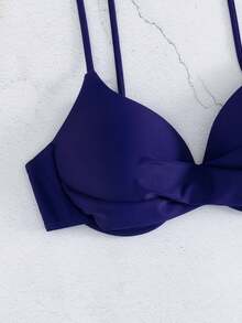 Swim Basics Atasan Bikini Seksi Wanita Warna Polos untuk Pantai Musim Panas, dengan Kawat Penyangga - Navy Blue - View 3