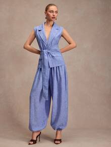 CLARA VERO Bộ áo vest cổ ve có thắt lưng và quần ống phồng, dáng rộng, phù hợp cho trang phục thường ngày cuối tuần, du lịch hoặc phong cách đường phố, làm từ vải không co giãn kiểu linen 100% polyester, quần áo linen cho nữ, giảm giá, trang phục kỳ nghỉ Zante, bộ đồ Yrack cho nữ, Zanea cho nữ tập yoga - Màu xanh lam - Xem 4